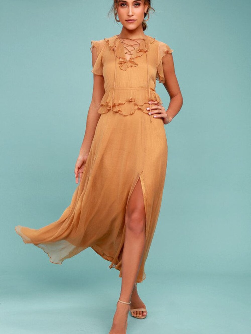 New Friends Colony Maya Tan Lace-Up Maxi Dress